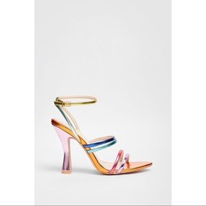 Faux Leather Strappy Metallic Heeled Sandals